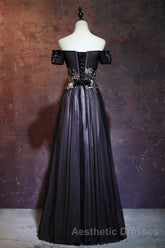 Beauty Off The Shoulder Floor Length Lace Up Long Black Evening Prom Dresses With Appliques